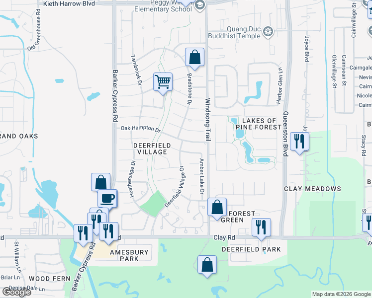 map of restaurants, bars, coffee shops, grocery stores, and more near 18103 Oak Hampton Drive in Houston