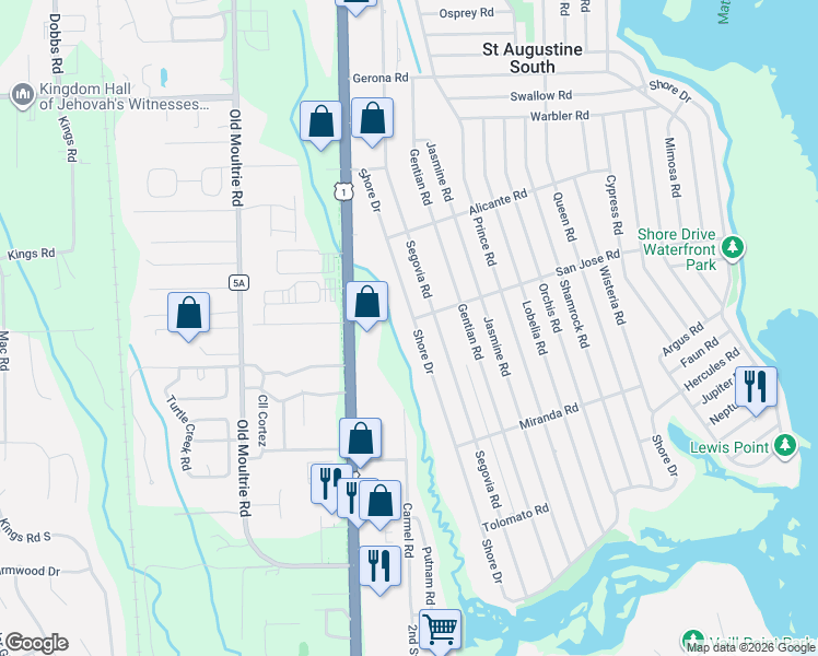 map of restaurants, bars, coffee shops, grocery stores, and more near 5280 Shore Drive in St. Augustine