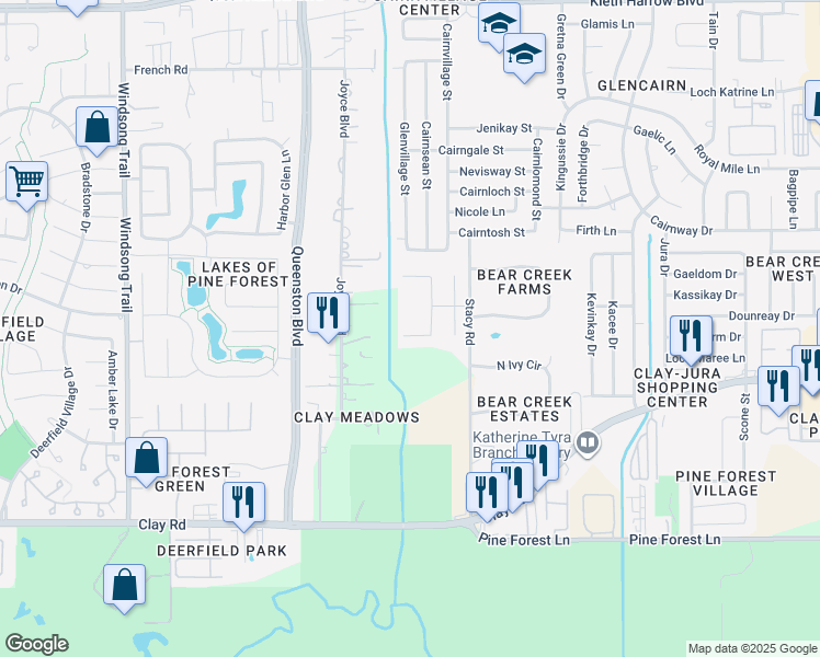 map of restaurants, bars, coffee shops, grocery stores, and more near 17222 Forest Ridge Point in Houston