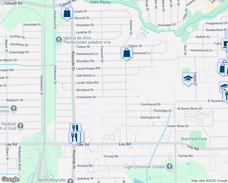 map of restaurants, bars, coffee shops, grocery stores, and more near 8138 Richland Drive in Houston