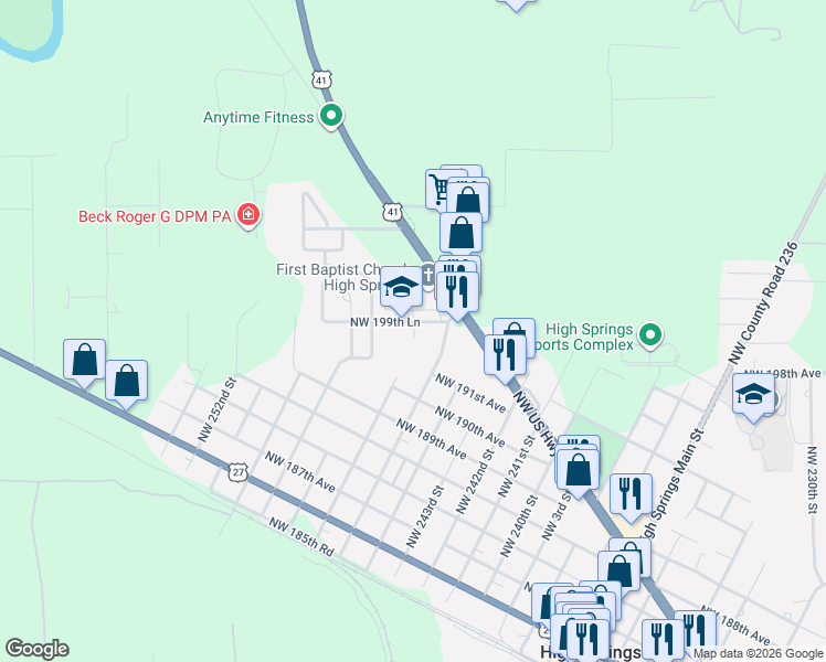 map of restaurants, bars, coffee shops, grocery stores, and more near Northwest 245th Terrace in High Springs