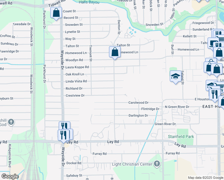 map of restaurants, bars, coffee shops, grocery stores, and more near 8170 Richland Drive in Houston