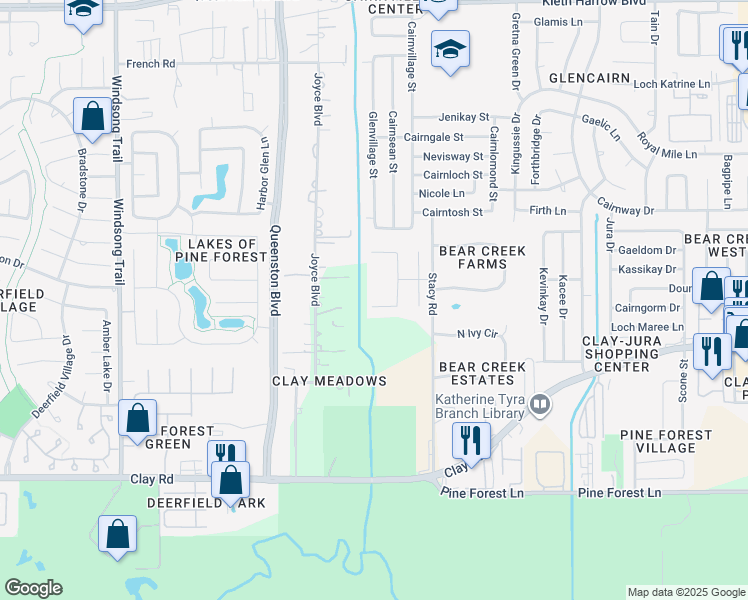 map of restaurants, bars, coffee shops, grocery stores, and more near 17222 Forest Ridge Point in Houston