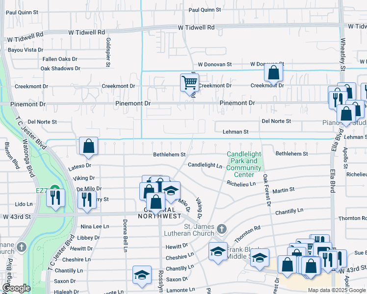map of restaurants, bars, coffee shops, grocery stores, and more near 4410 Rosslyn Road in Houston