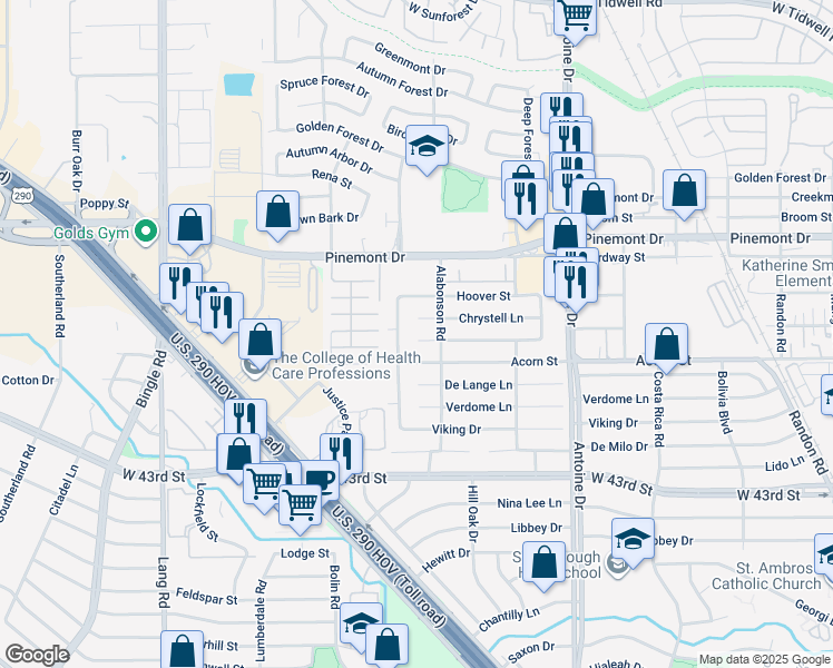 map of restaurants, bars, coffee shops, grocery stores, and more near 5002 Northrup Drive in Houston