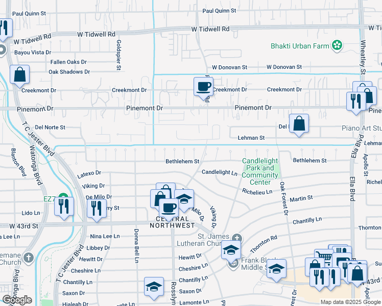 map of restaurants, bars, coffee shops, grocery stores, and more near 4414 Lorinda Drive in Houston