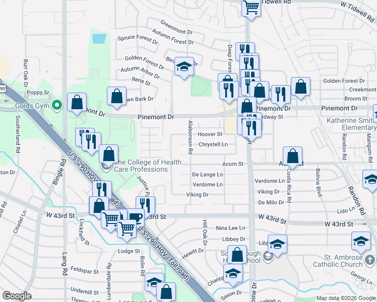 map of restaurants, bars, coffee shops, grocery stores, and more near 5915 Chrystell Lane in Houston