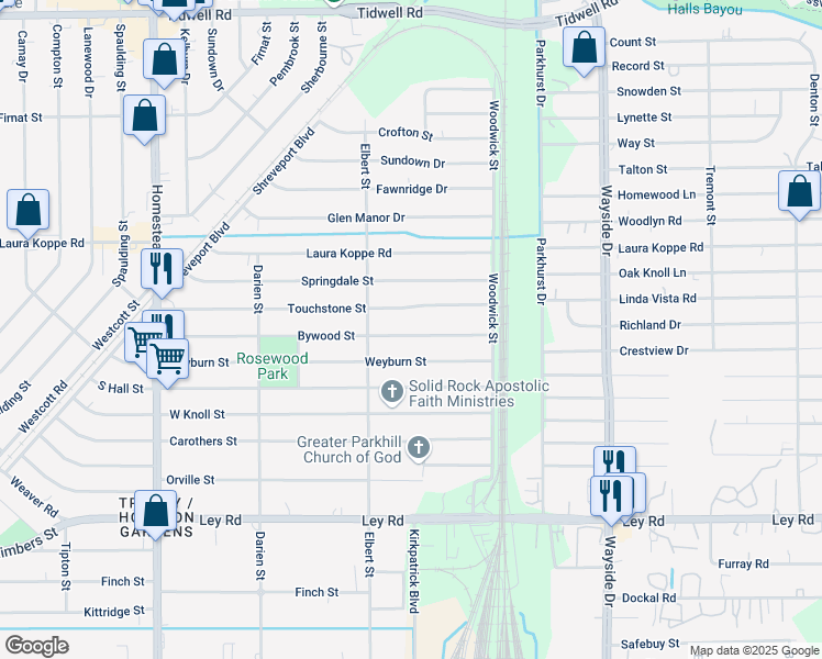 map of restaurants, bars, coffee shops, grocery stores, and more near 7535 Bywood Street in Houston