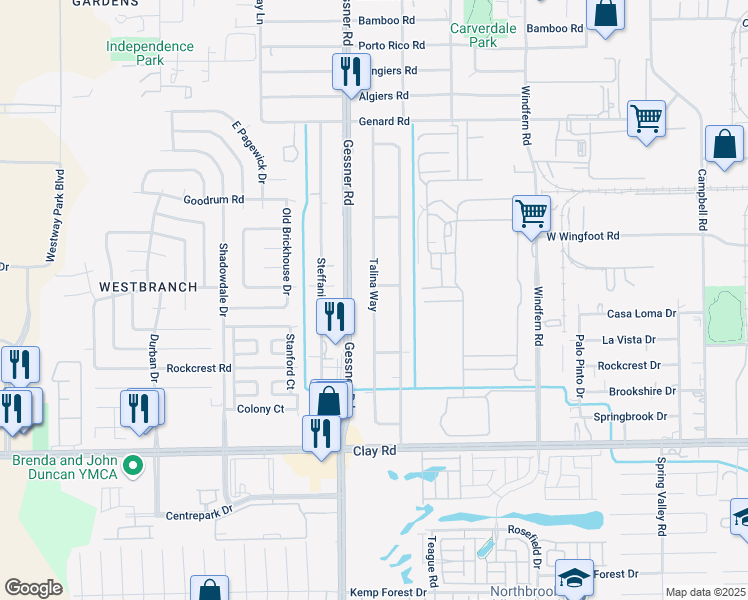 map of restaurants, bars, coffee shops, grocery stores, and more near 4619 Talina Way in Houston