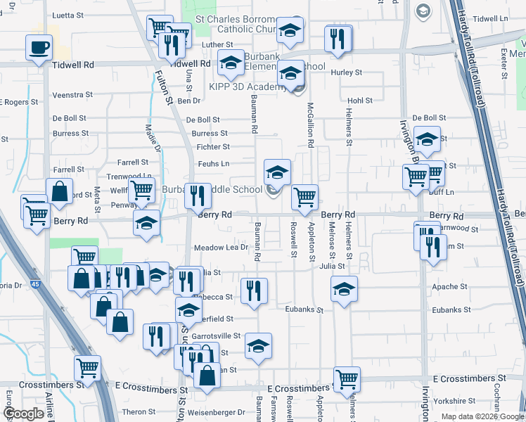 map of restaurants, bars, coffee shops, grocery stores, and more near 301 Berry Road in Houston