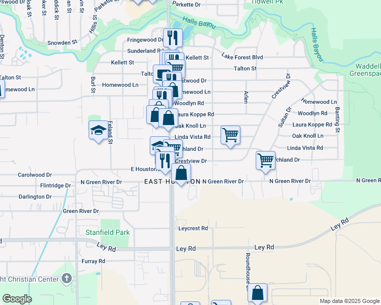 map of restaurants, bars, coffee shops, grocery stores, and more near 8836 Richland Drive in Houston