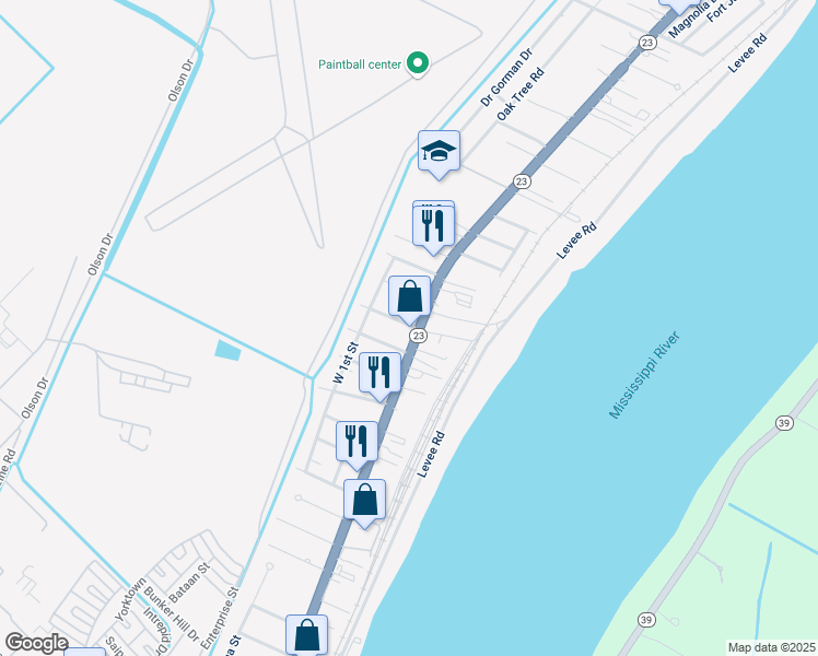 map of restaurants, bars, coffee shops, grocery stores, and more near 109 Concord Street in Belle Chasse