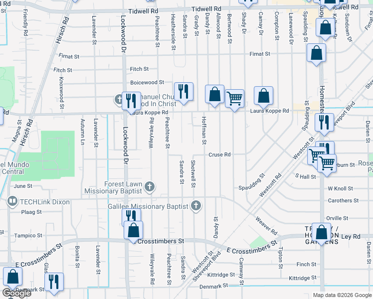 map of restaurants, bars, coffee shops, grocery stores, and more near 8608 Shotwell Street in Houston