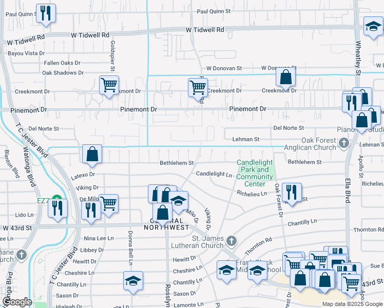 map of restaurants, bars, coffee shops, grocery stores, and more near 4410 Rosslyn Road in Houston