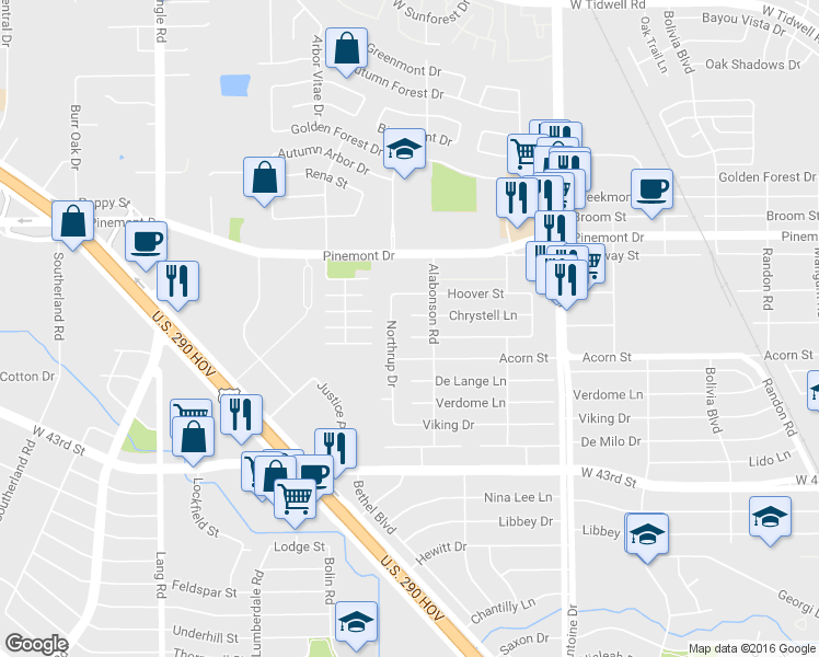 map of restaurants, bars, coffee shops, grocery stores, and more near 5002 Northrup Drive in Houston