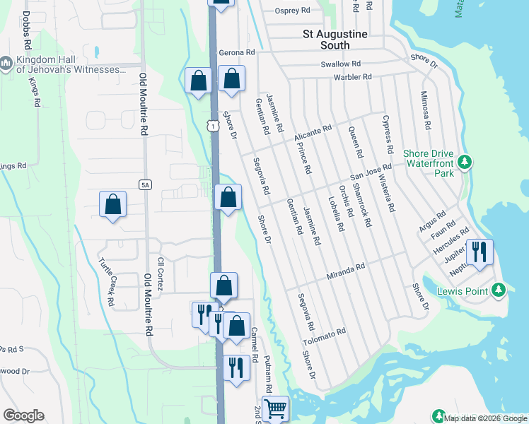 map of restaurants, bars, coffee shops, grocery stores, and more near 5280 Shore Drive in St. Augustine