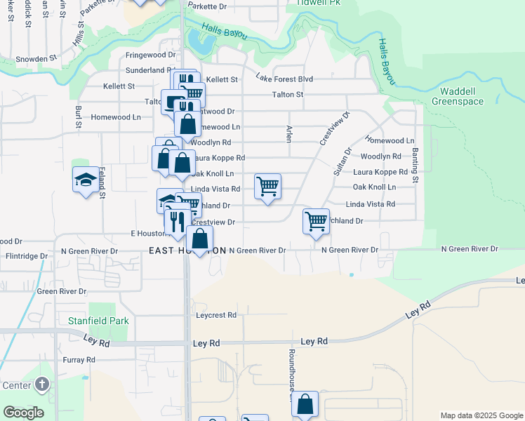 map of restaurants, bars, coffee shops, grocery stores, and more near 9022 Richland Drive in Houston