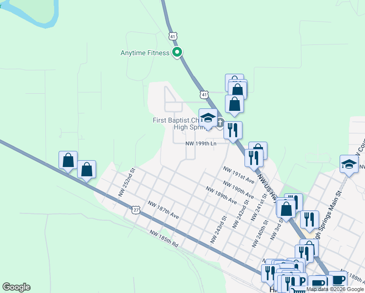 map of restaurants, bars, coffee shops, grocery stores, and more near 19980 Northwest 248th Street in High Springs