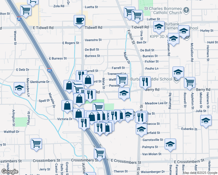 map of restaurants, bars, coffee shops, grocery stores, and more near 32 Penway Street in Houston