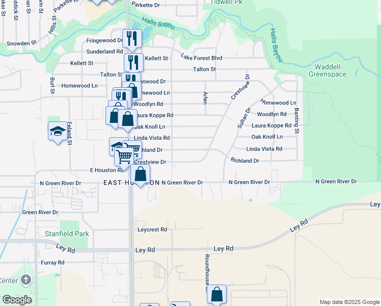 map of restaurants, bars, coffee shops, grocery stores, and more near 9030 Richland Drive in Houston