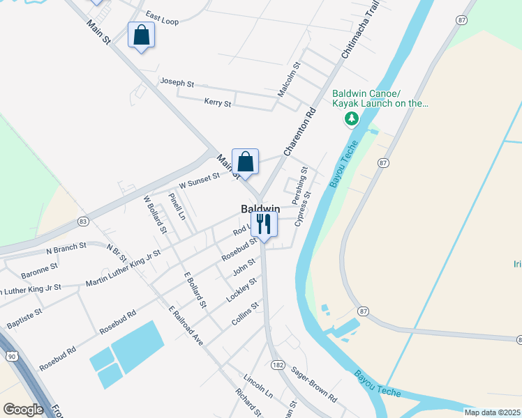 map of restaurants, bars, coffee shops, grocery stores, and more near in Baldwin
