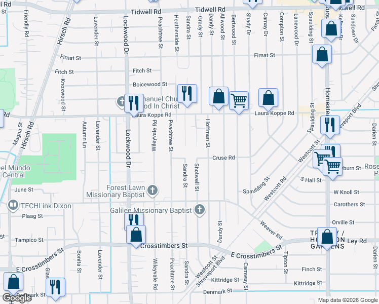 map of restaurants, bars, coffee shops, grocery stores, and more near 8608 Shotwell Street in Houston
