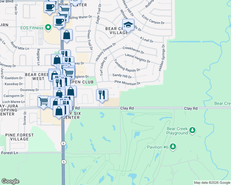 map of restaurants, bars, coffee shops, grocery stores, and more near 15806 Mill Hollow Drive in Houston