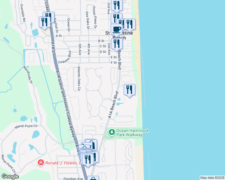 map of restaurants, bars, coffee shops, grocery stores, and more near 1256 Makarios Drive in St. Augustine