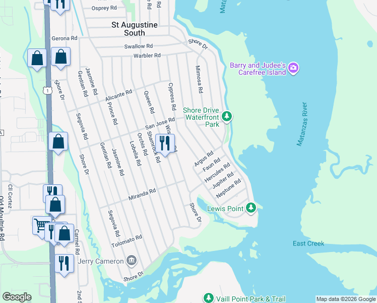 map of restaurants, bars, coffee shops, grocery stores, and more near 344 Cypress Road in St. Augustine