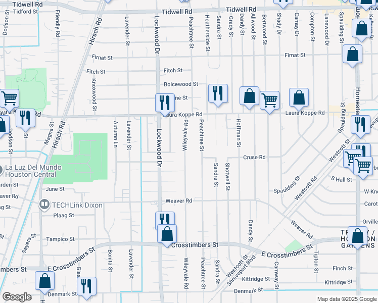 map of restaurants, bars, coffee shops, grocery stores, and more near 8510 Wileyvale Road in Houston