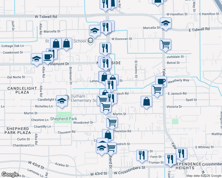 map of restaurants, bars, coffee shops, grocery stores, and more near 4910 North Shepherd Drive in Houston