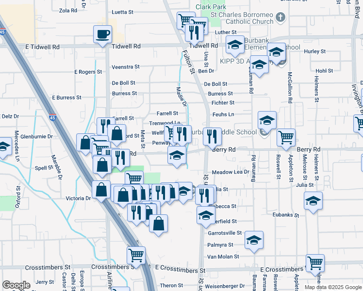 map of restaurants, bars, coffee shops, grocery stores, and more near 62 Penway Street in Houston