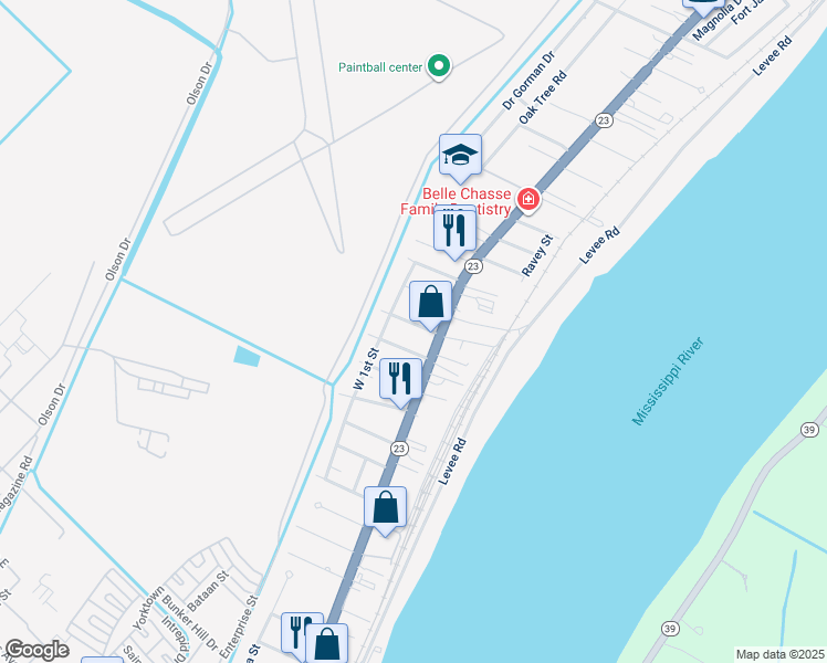 map of restaurants, bars, coffee shops, grocery stores, and more near 109 Concord Street in Belle Chasse