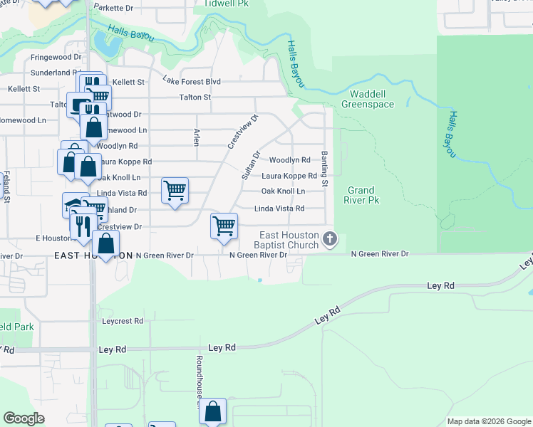 map of restaurants, bars, coffee shops, grocery stores, and more near 9238 Linda Vista Road in Houston