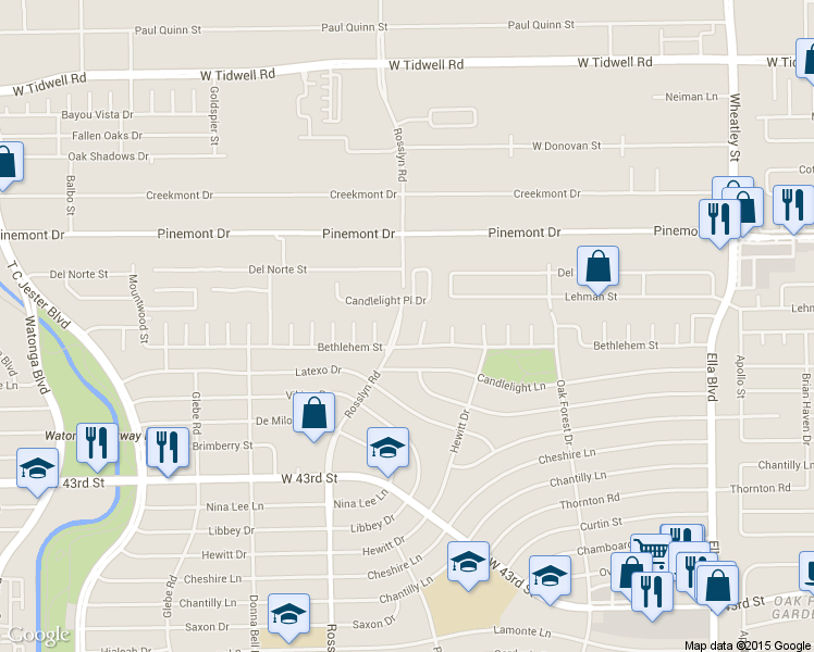 map of restaurants, bars, coffee shops, grocery stores, and more near 4410 Rosslyn Road in Houston