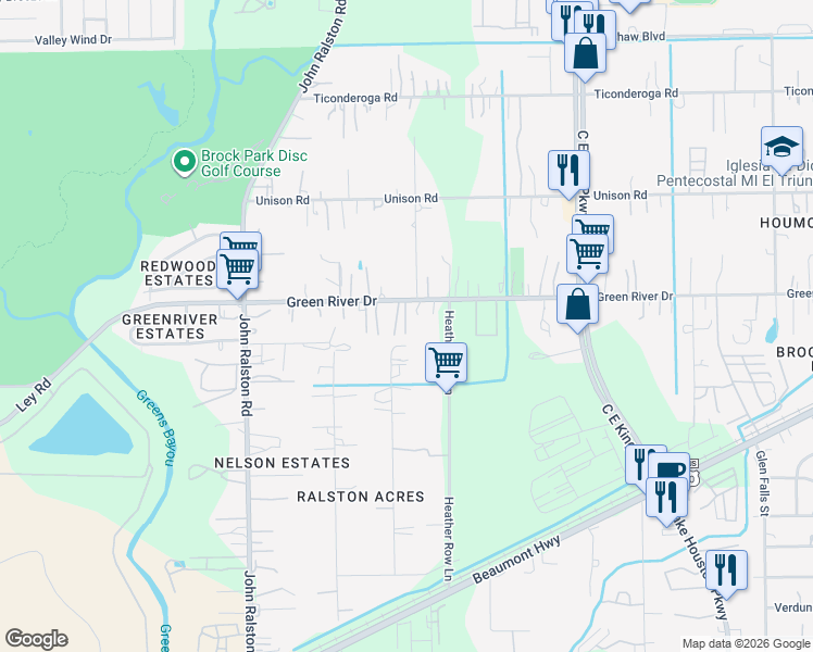 map of restaurants, bars, coffee shops, grocery stores, and more near 12018 Green River Drive in Houston