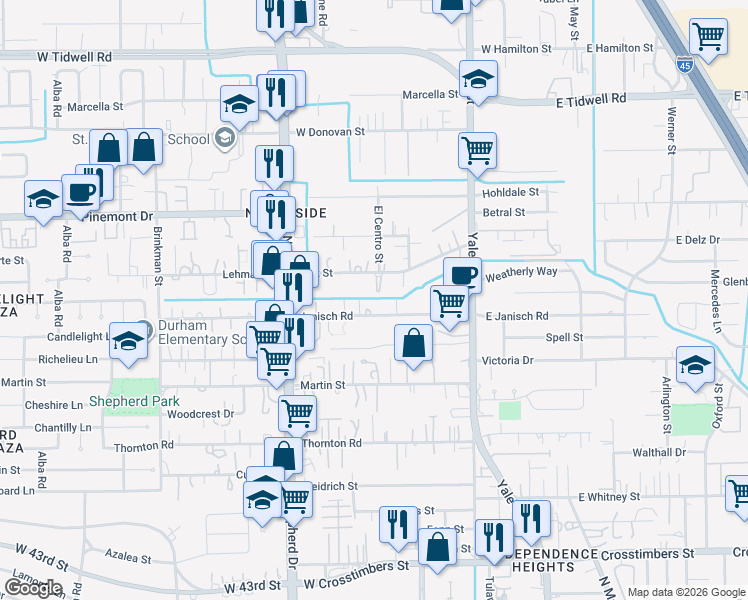 map of restaurants, bars, coffee shops, grocery stores, and more near 411 Delz Street in Houston