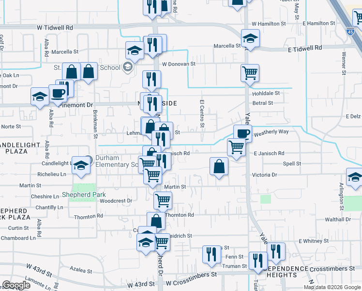 map of restaurants, bars, coffee shops, grocery stores, and more near 596 Janisch Road in Houston
