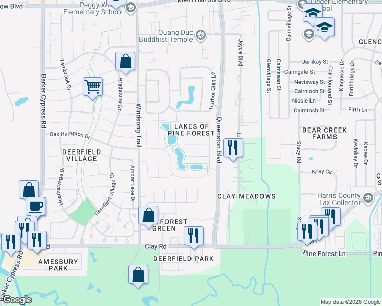 map of restaurants, bars, coffee shops, grocery stores, and more near 17719 Orchid Creek Lane in Houston