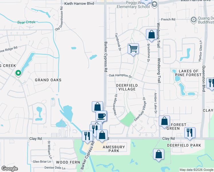 map of restaurants, bars, coffee shops, grocery stores, and more near 18319 Widcombe Drive in Houston