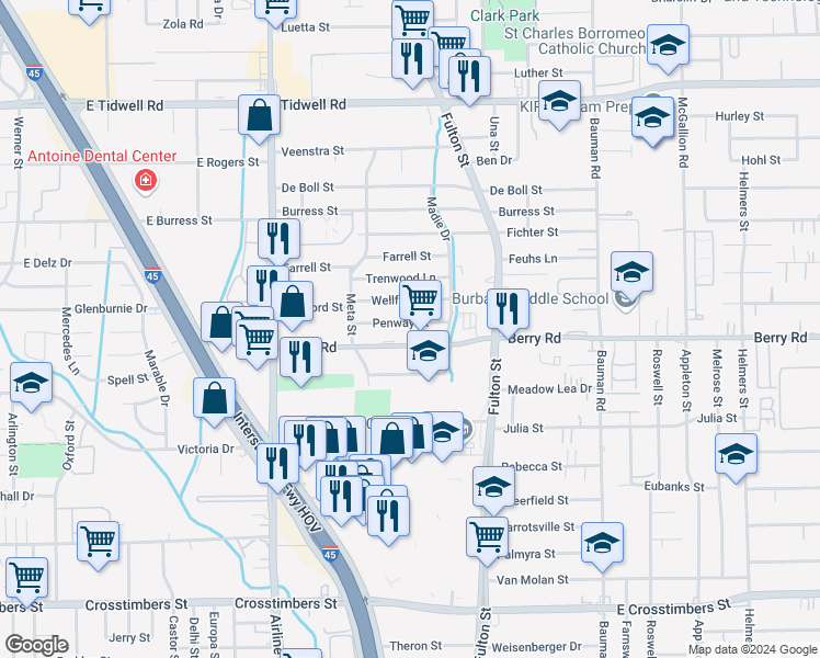 map of restaurants, bars, coffee shops, grocery stores, and more near 48 Penway Street in Houston