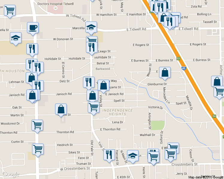 map of restaurants, bars, coffee shops, grocery stores, and more near 202 Bizerte Street in Houston