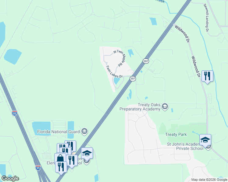 map of restaurants, bars, coffee shops, grocery stores, and more near 141 South Twin Maple Road in St. Augustine