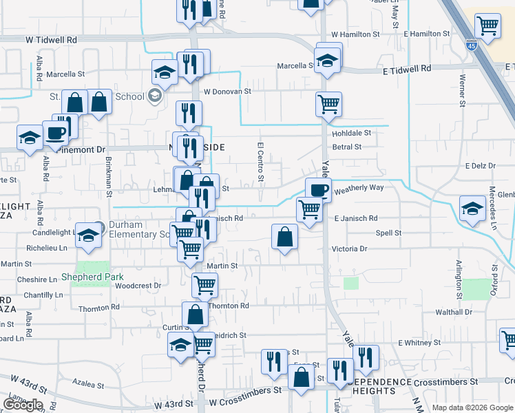 map of restaurants, bars, coffee shops, grocery stores, and more near 411 Delz Street in Houston