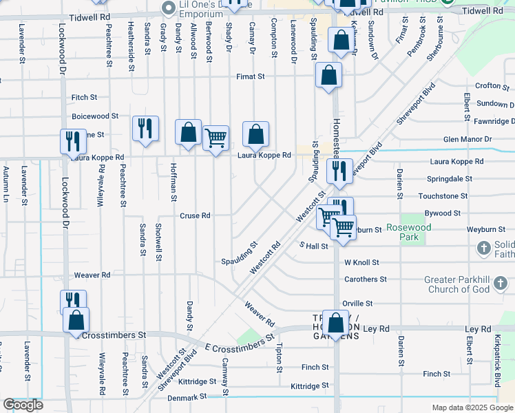 map of restaurants, bars, coffee shops, grocery stores, and more near 8431 Lanewood Street in Houston