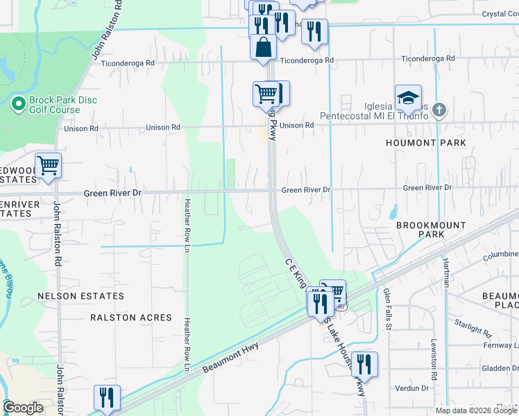 map of restaurants, bars, coffee shops, grocery stores, and more near 12310 Green River Drive in Houston