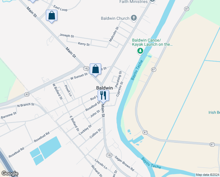 map of restaurants, bars, coffee shops, grocery stores, and more near 107 Live Oak Street in Baldwin