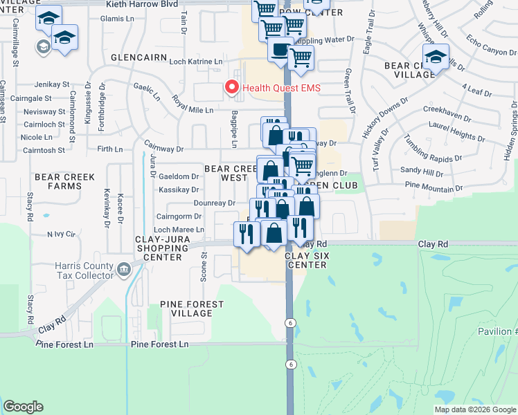 map of restaurants, bars, coffee shops, grocery stores, and more near 16311 Dounreay Drive in Houston