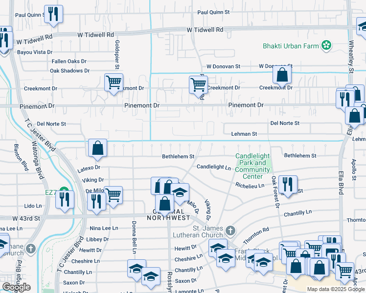 map of restaurants, bars, coffee shops, grocery stores, and more near 4414 Lorinda Drive in Houston