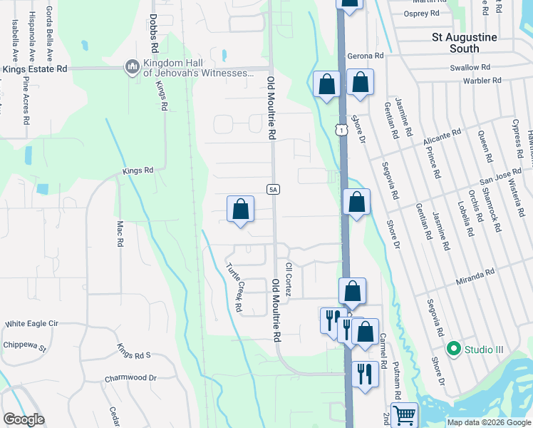 map of restaurants, bars, coffee shops, grocery stores, and more near 3025 Old Moultrie Road in St. Augustine